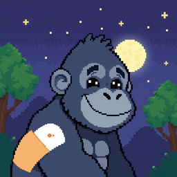 A pixel art image of a cute gorilla with a friendly and playful expression, but with a visible injury, such as a bandage on its arm or a small cut