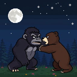 A pixel art image of a cute gorilla engaged in a battle with a bear under the night sky