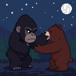 A pixel art image of a cute gorilla engaged in a battle with a bear under the night sky