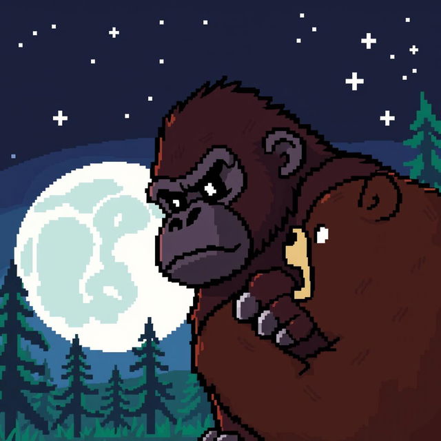 A pixel art image of a cute gorilla engaged in a battle with a bear under the night sky