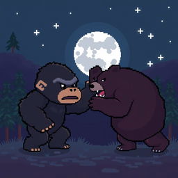 A pixel art image of a cute gorilla engaged in a battle with a bear under the night sky