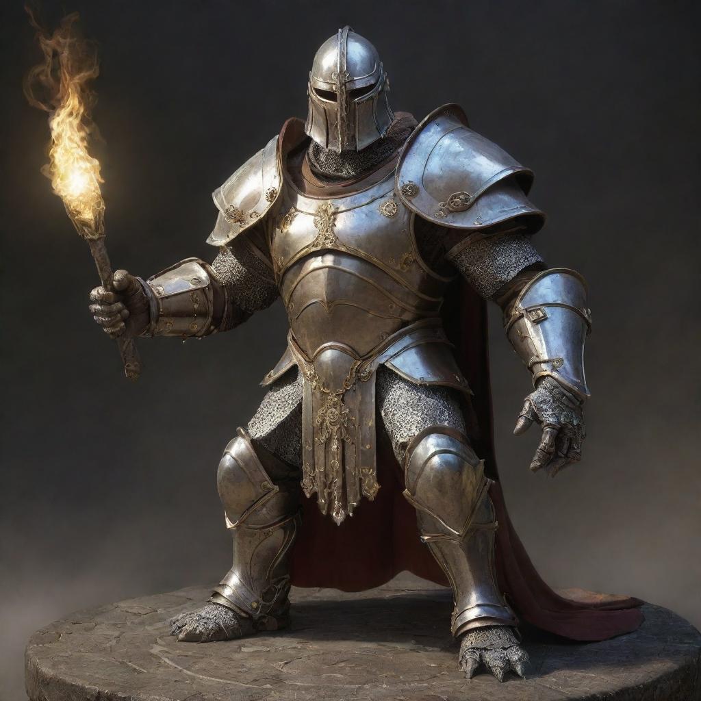 A mighty Goliath, a magic caster, adorned in a gleaming plate armor while casting a spell.