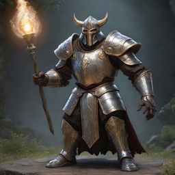 A mighty Goliath, a magic caster, adorned in a gleaming plate armor while casting a spell.