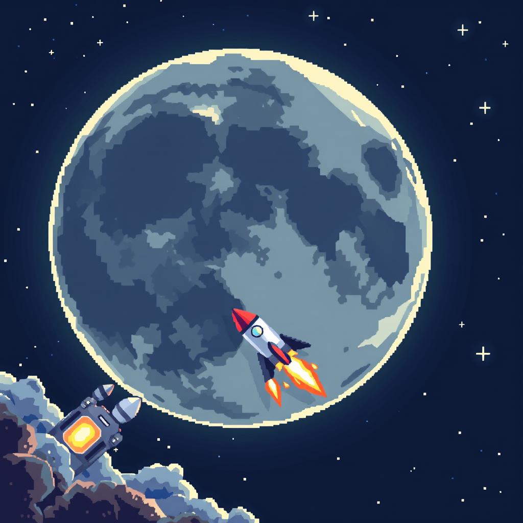 A pixel art scene featuring a large, detailed moon with craters and a bright glow