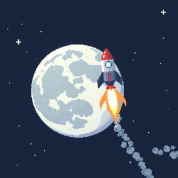 A pixel art scene featuring a large, detailed moon with craters and a bright glow