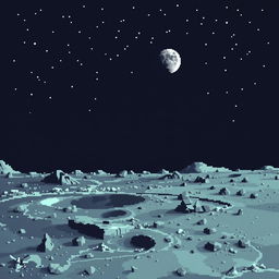 A pixel art image depicting the surface of the moon