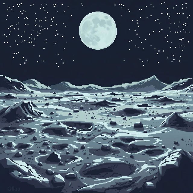 A pixel art image depicting the surface of the moon