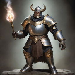 A mighty Goliath, a magic caster, adorned in a gleaming plate armor while casting a spell.