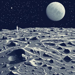 A pixel art image depicting the surface of the moon