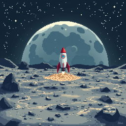 A pixel art image depicting the surface of the moon with a rocket landed on it