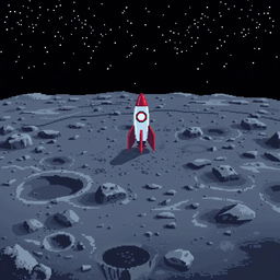 A pixel art image depicting the surface of the moon with a rocket landed on it