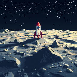 A pixel art image depicting the surface of the moon with a rocket landed on it