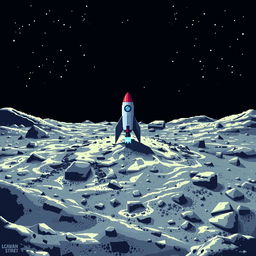 A pixel art image depicting the surface of the moon with a rocket landed on it