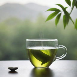 A calming cup of green tea steaming gently against a serene backdrop. The cup is filled with the clear light-green liquid, and a tea leaf floats on the surface.