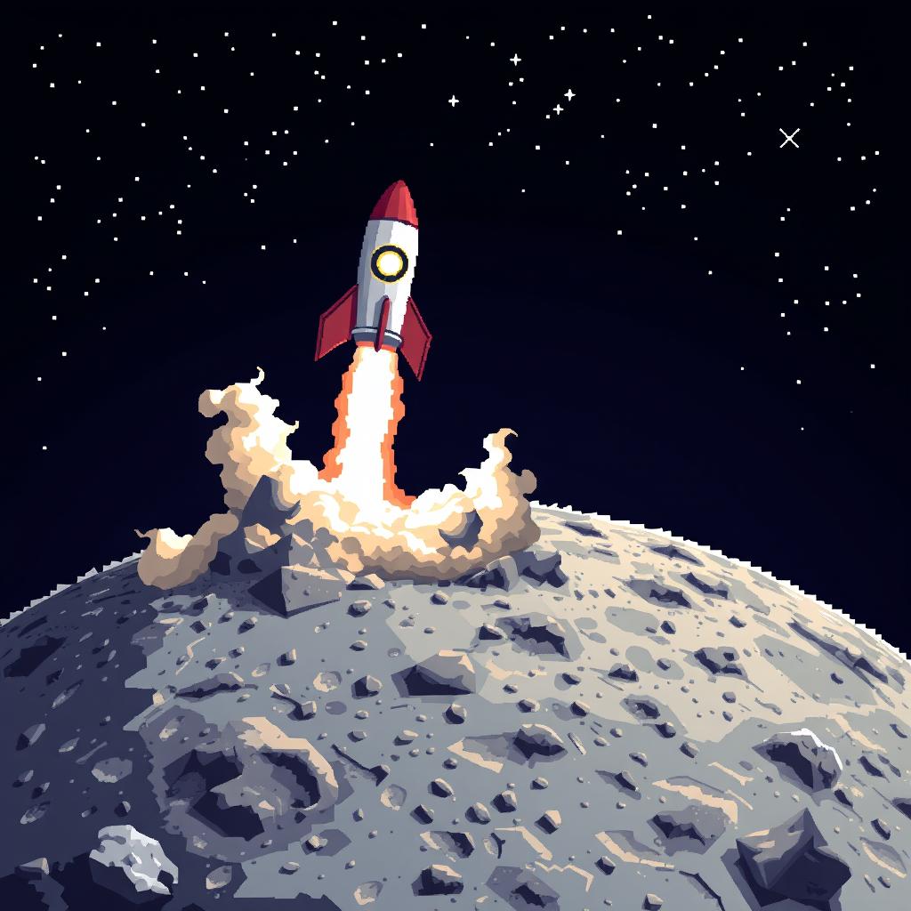 A pixel art image depicting the surface of the moon with a rocket launching, flames bursting from its engines