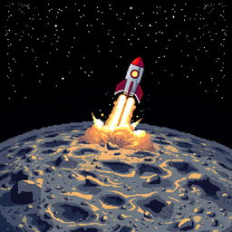 A pixel art image depicting the surface of the moon with a rocket launching, flames bursting from its engines