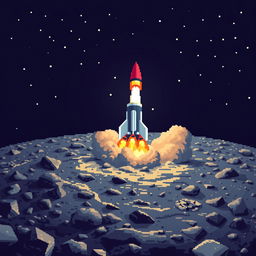 A pixel art image depicting the surface of the moon with a rocket launching, flames bursting from its engines