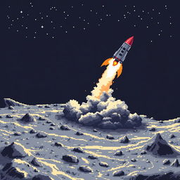 A pixel art image depicting the surface of the moon with a rocket launching, flames bursting from its engines