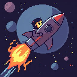 A pixel art GIF of an anthropomorphic rocket with human-like features, flying through space with a trail of fire and smoke