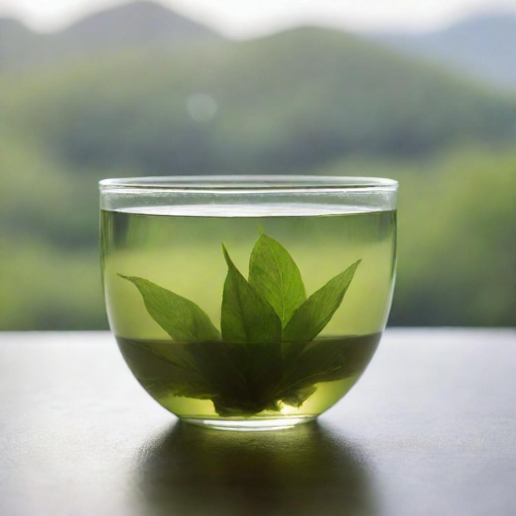 A calming cup of green tea steaming gently against a serene backdrop. The cup is filled with the clear light-green liquid, and a tea leaf floats on the surface.