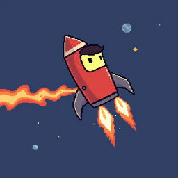 A pixel art GIF of an anthropomorphic rocket with human-like features, flying through space with a trail of fire and smoke