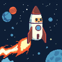 A pixel art GIF of an anthropomorphic rocket with human-like features, flying through space with a trail of fire and smoke