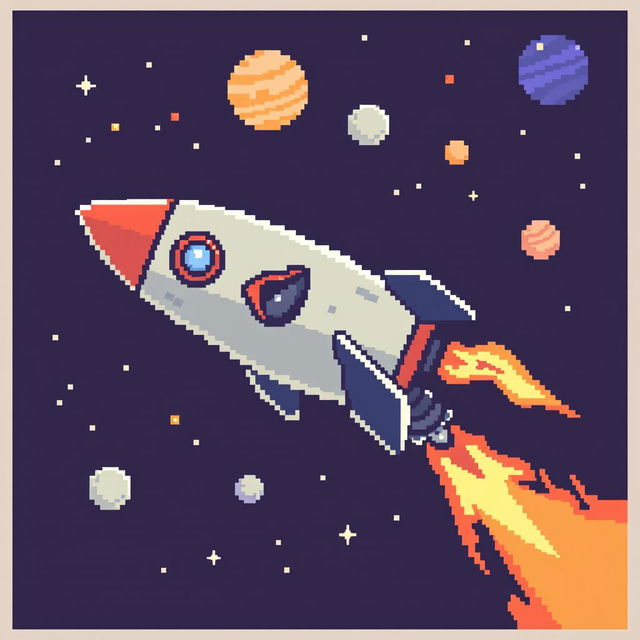 A pixel art GIF of an anthropomorphic rocket with human-like features, flying through space with a trail of fire and smoke