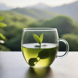 A calming cup of green tea steaming gently against a serene backdrop. The cup is filled with the clear light-green liquid, and a tea leaf floats on the surface.