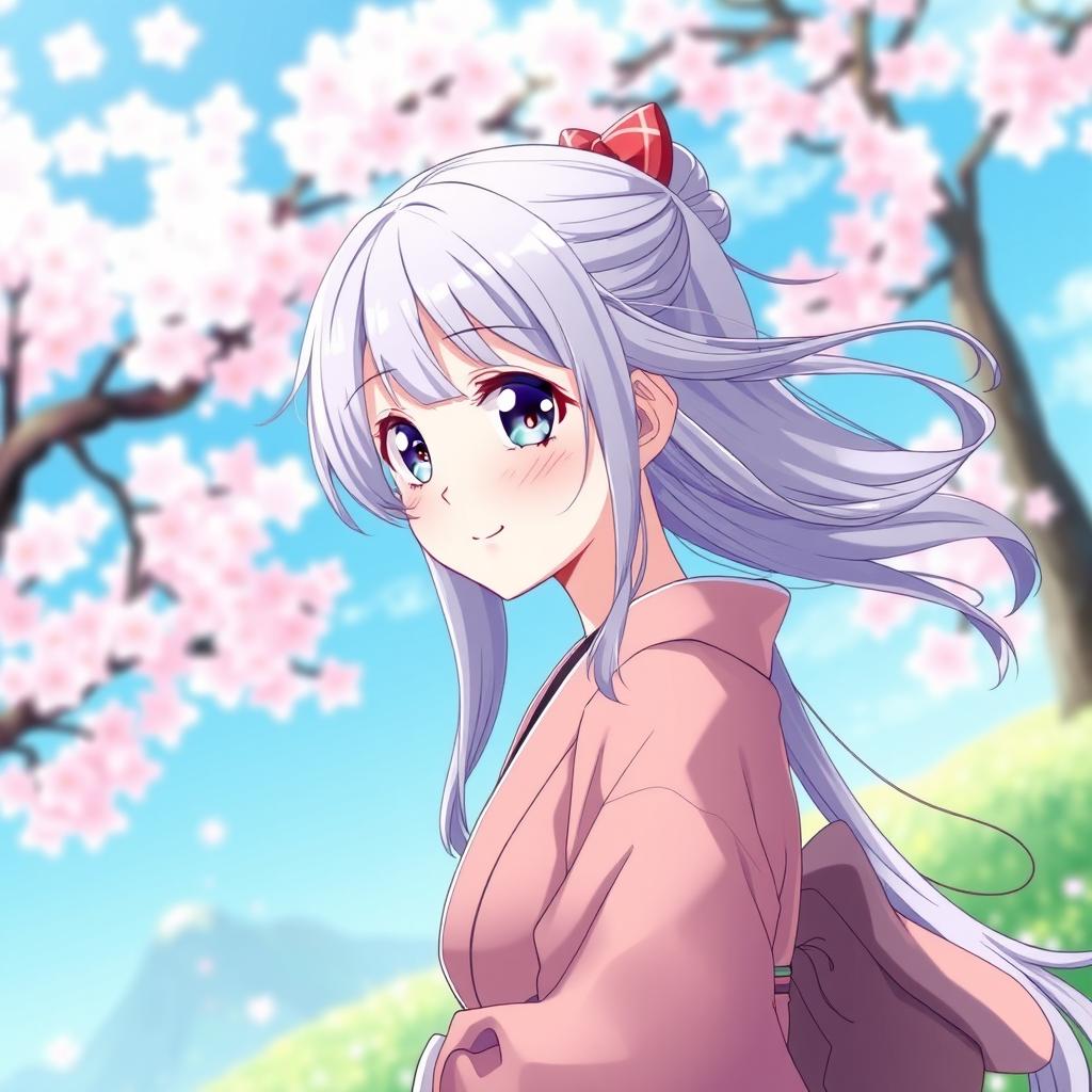 A beautiful anime girl with flowing hair and sparkling eyes, standing in a serene landscape with cherry blossom trees in the background