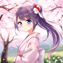 A beautiful anime girl with flowing hair and sparkling eyes, standing in a serene landscape with cherry blossom trees in the background