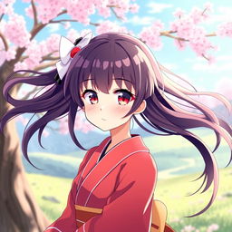 A beautiful anime girl with flowing hair and sparkling eyes, standing in a serene landscape with cherry blossom trees in the background