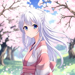 A beautiful anime girl with flowing hair and sparkling eyes, standing in a serene landscape with cherry blossom trees in the background