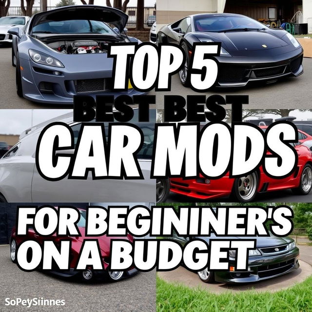 Create a YouTube video thumbnail about the top 5 best car mods for beginners on a budget