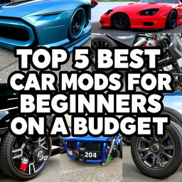 Create a YouTube video thumbnail about the top 5 best car mods for beginners on a budget