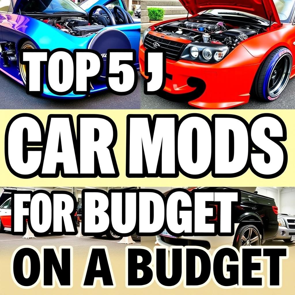 Create a vibrant and colorful YouTube video thumbnail about the top 5 best car mods for beginners on a budget