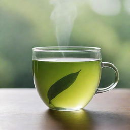 A calming cup of green tea steaming gently against a serene backdrop. The cup is filled with the clear light-green liquid, and a tea leaf floats on the surface.