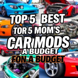 Create a vibrant and colorful YouTube video thumbnail about the top 5 best car mods for beginners on a budget