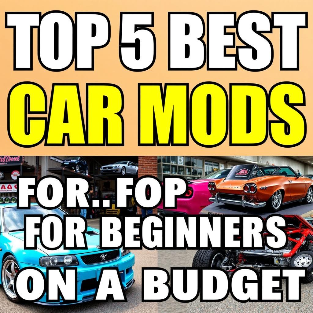 Create a vibrant and colorful YouTube video thumbnail about the top 5 best car mods for beginners on a budget