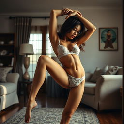 A sensual home selfie image of a woman in underwear, captured in a beautiful and flexible pose