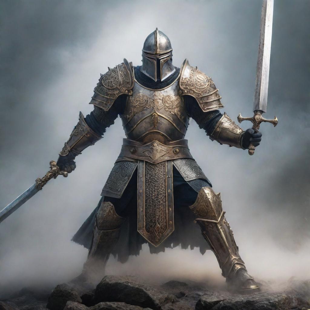 A formidable Goliath caster clad in plate armour, fiercely wielding a great sword surrounded by a mist of magic.
