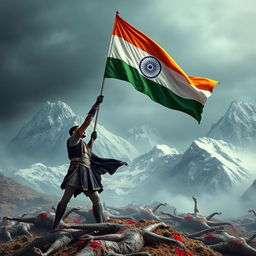 A hero wearing a black and gold outfit triumphantly flying the Indian flag after winning a battle