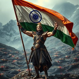 A hero wearing a black and gold outfit triumphantly flying the Indian flag after winning a battle