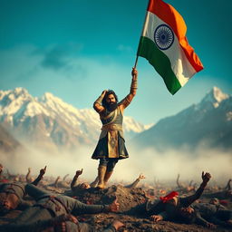 A hero wearing a black and gold outfit triumphantly flying the Indian flag after winning a battle