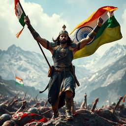 A hero wearing a black and gold outfit triumphantly flying the Indian flag after winning a battle