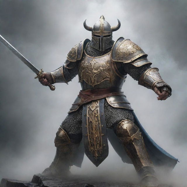 A formidable Goliath caster clad in plate armour, fiercely wielding a great sword surrounded by a mist of magic.