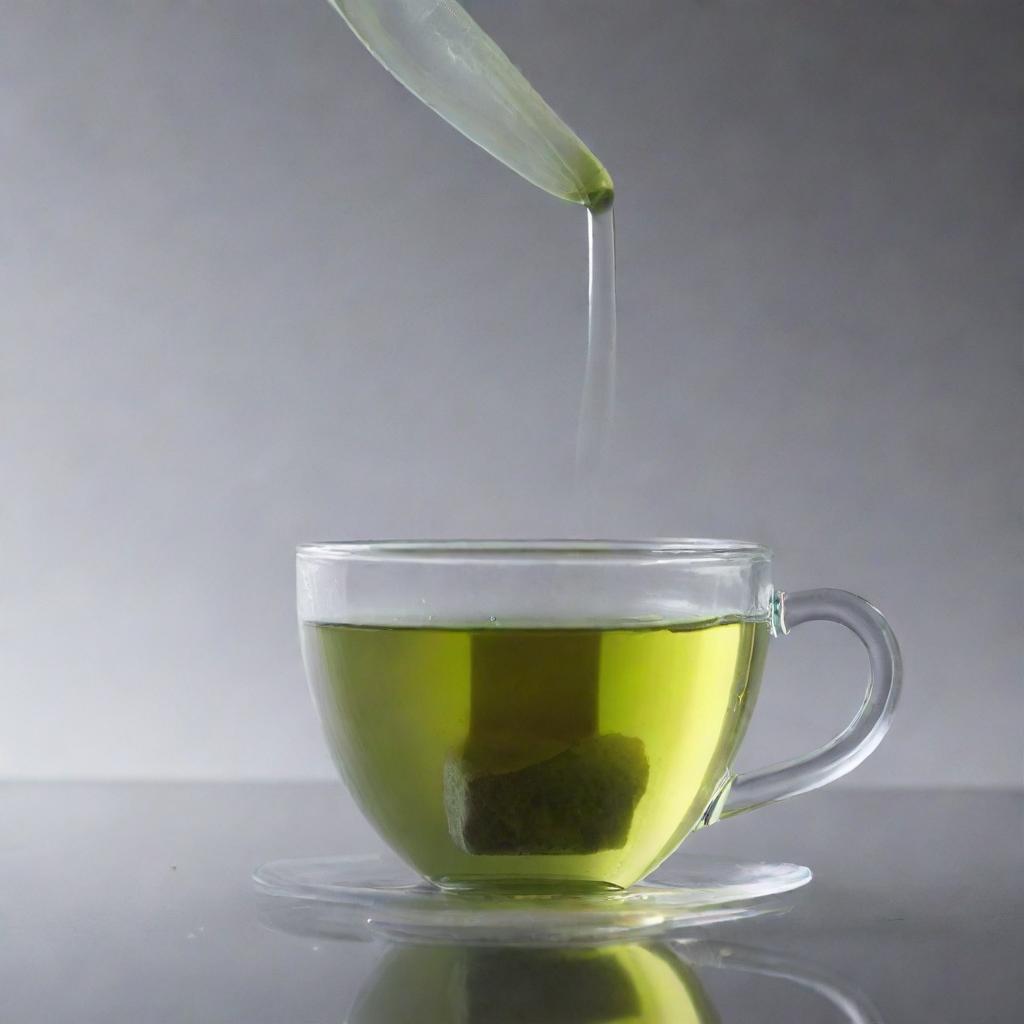 Cup of hot green tea with a tea bag inside, gently releasing its color and flavor into the clear water, up against a calm, neutral background, steam wafting upwards