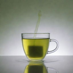 Cup of hot green tea with a tea bag inside, gently releasing its color and flavor into the clear water, up against a calm, neutral background, steam wafting upwards