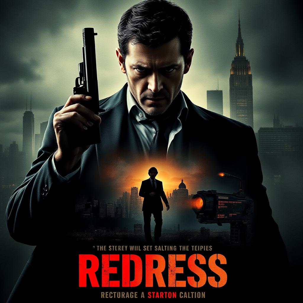 Create an espionage action thriller movie poster for a film titled 'Redress'