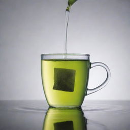 Cup of hot green tea with a tea bag inside, gently releasing its color and flavor into the clear water, up against a calm, neutral background, steam wafting upwards