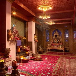 A tranquil Pooja room furnished with gleaming brass statues, carved teakwood furniture, sandalwood incense filling the air, warm glow from oil lamps illuminating ornate patterns on vibrant carpets, all under a floral ceiling.